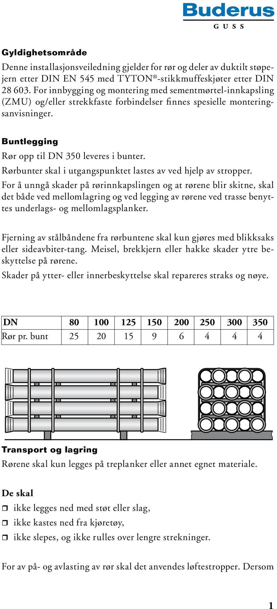 Rørbunter skal i utgangspunktet lastes av ved hjelp av stropper.