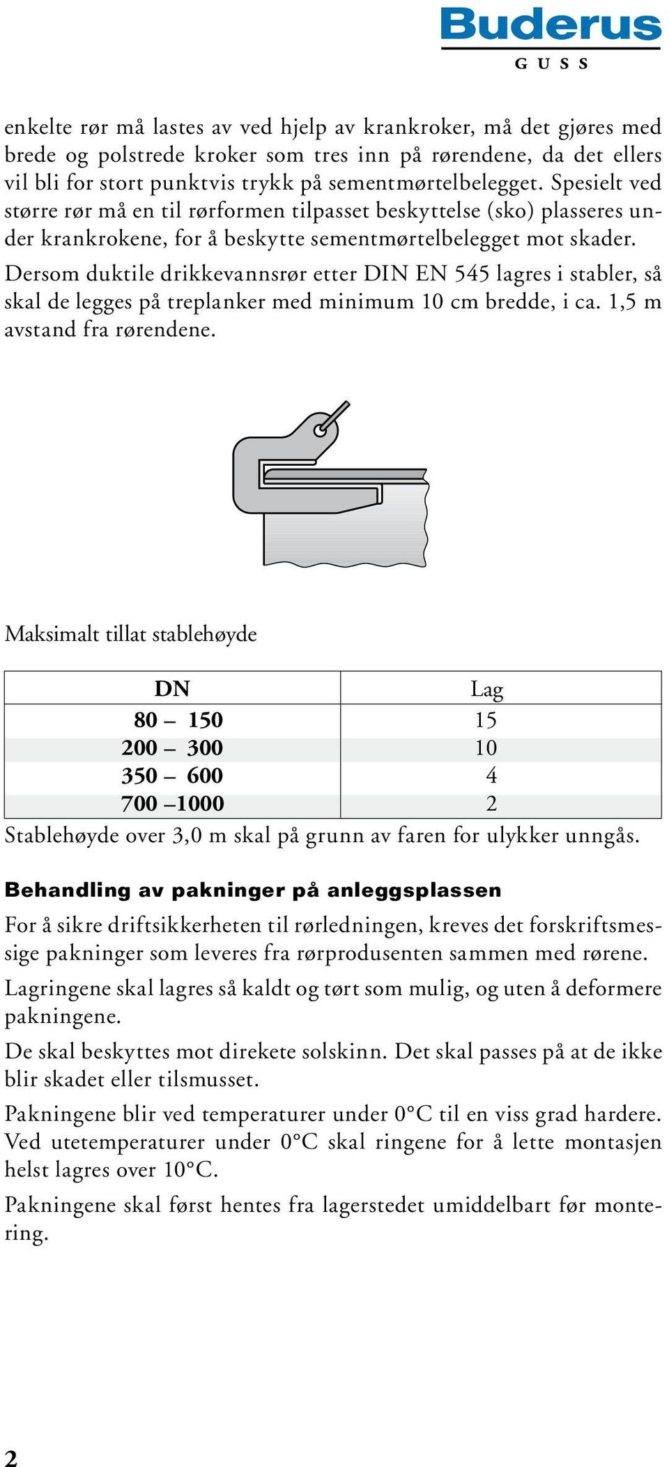 Dersom duktile drikkevannsrør etter DIN EN 545 lagres i stabler, så skal de legges på treplanker med minimum 10 cm bredde, i ca. 1,5 m avstand fra rørendene.