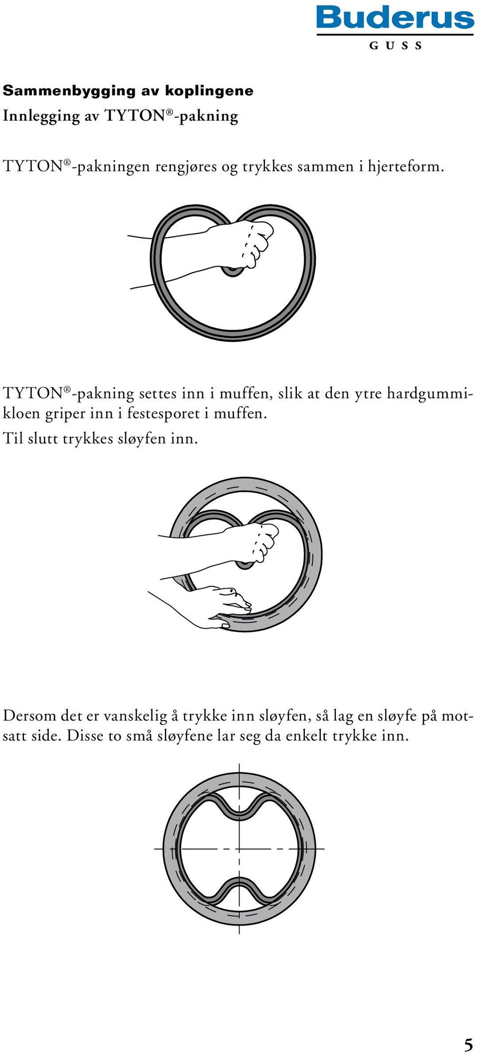 TYTON -pakning settes inn i muffen, slik at den ytre hardgummikloen griper inn i festesporet i