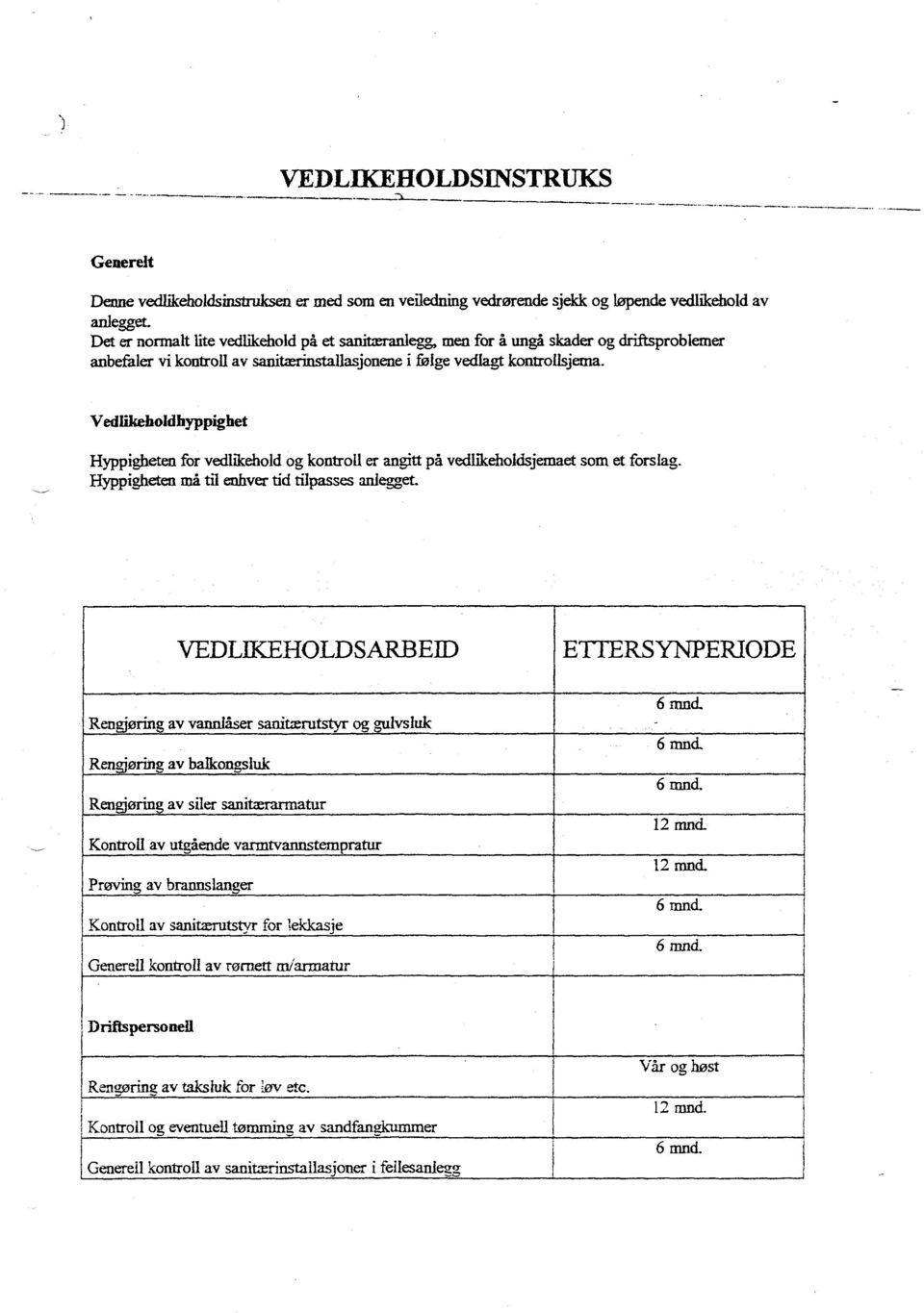 Vedlikeholdhyppighet Hyppigheten for vedilehold og kontroll er angitt på vedhleholdsjemaet som et forslag. Hyppigheten må til enhver tid tilpasses aniegget.