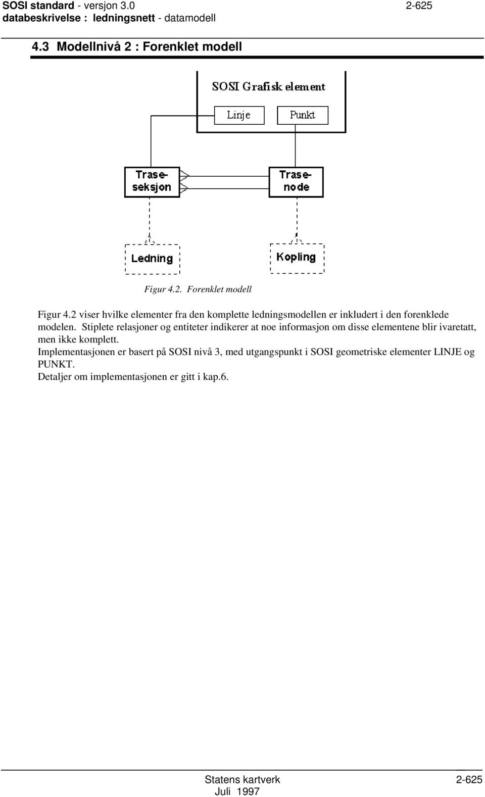 Stiplete relasjoner og entiteter indikerer at noe informasjon om disse elementene blir ivaretatt, men ikke komplett.