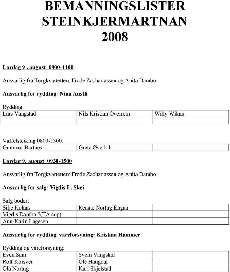 Vaffelsteiking 0800-1300: Gunnvor Bartnes Grete Øverkil Lørdag 9. august 0930-1500 Ansvarlig for salg: Vigdis L.