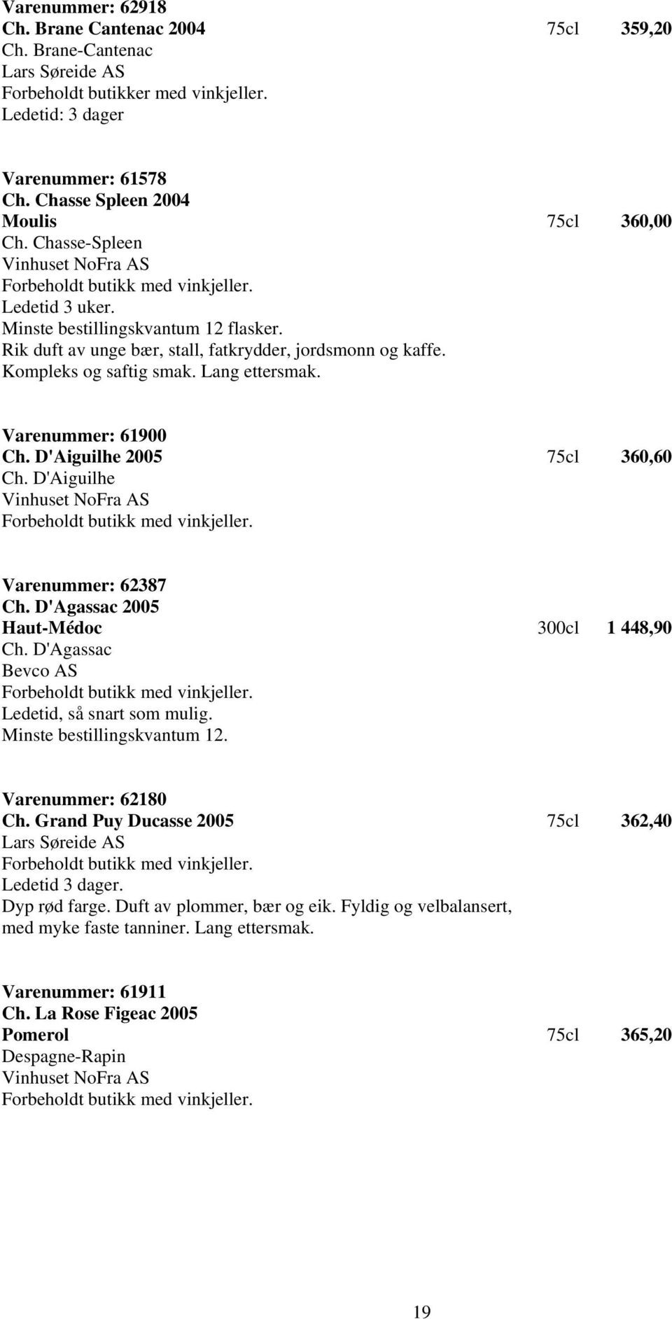 Varenummer: 61900 Ch. D'Aiguilhe 2005 75cl 360,60 Ch. D'Aiguilhe Vinhuset NoFra AS Varenummer: 62387 Ch. D'Agassac 2005 Haut-Médoc 300cl 1 448,90 Ch. D'Agassac Bevco AS Ledetid, så snart som mulig.