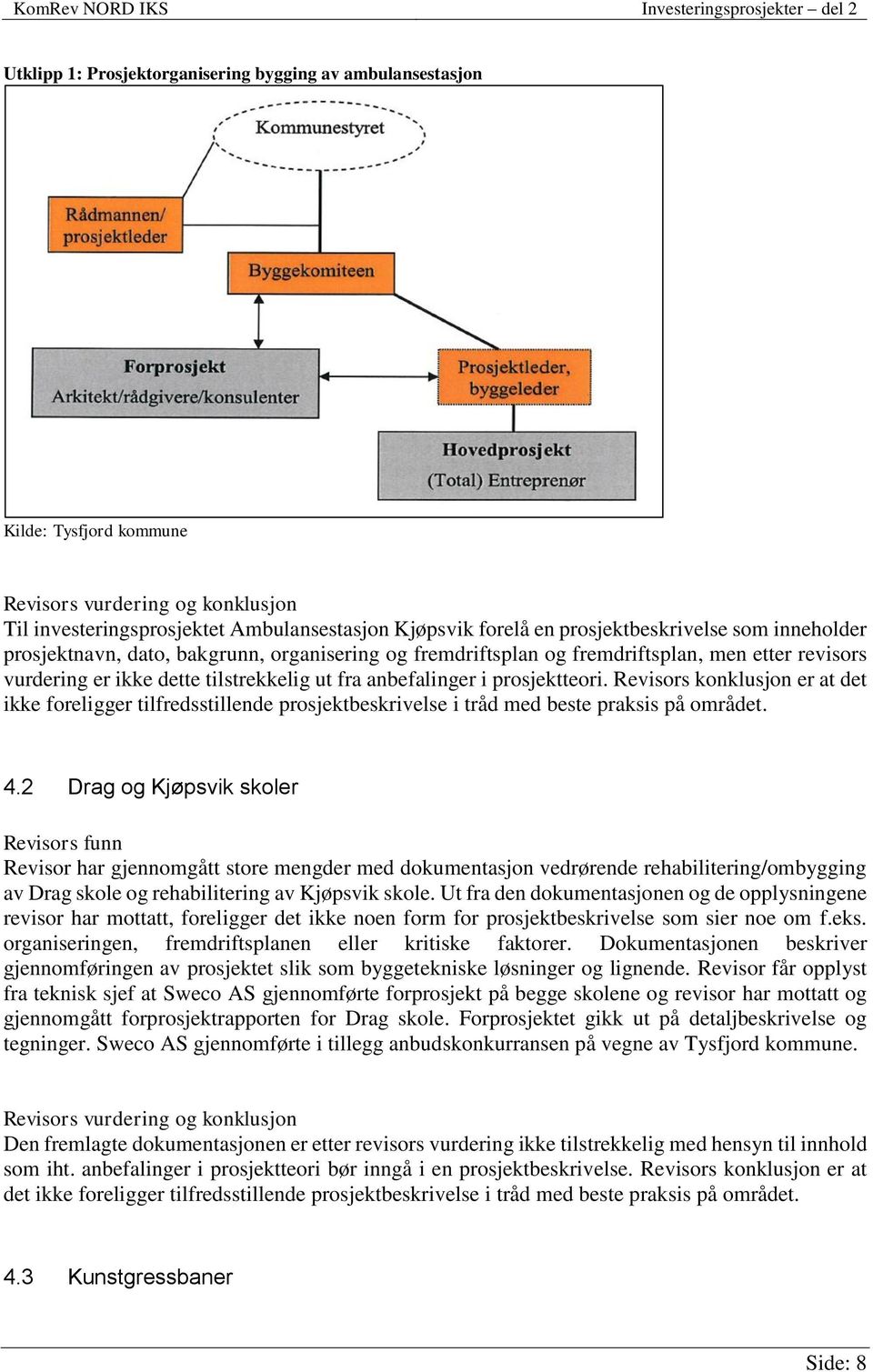 Revisors konklusjon er at det ikke foreligger tilfredsstillende prosjektbeskrivelse i tråd med beste praksis på området. 4.