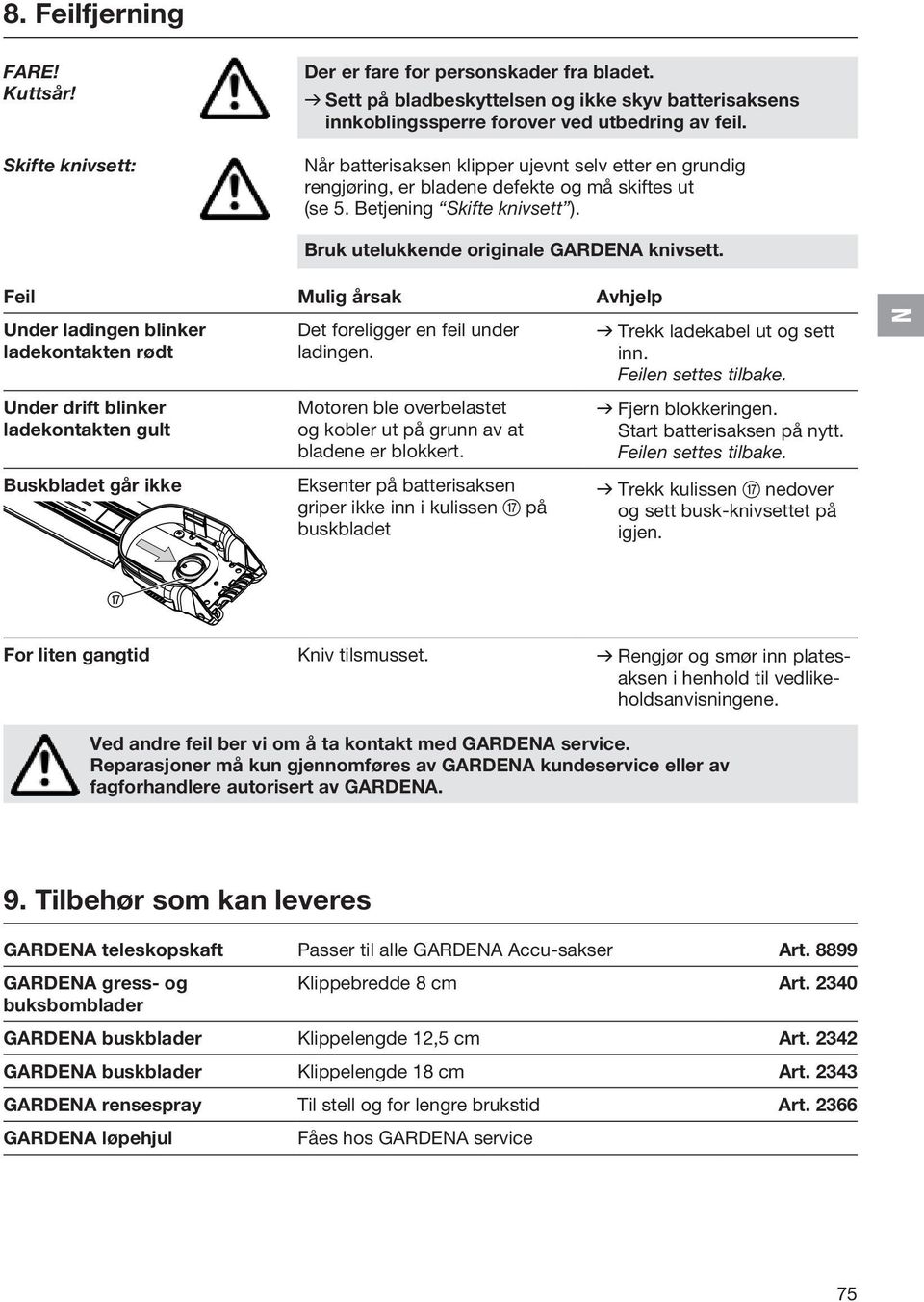 Feil Mulig årsak Avhjelp Under ladingen blinker ladekontakten rødt Under drift blinker ladekontakten gult Buskbladet går ikke Det foreligger en feil under ladingen.