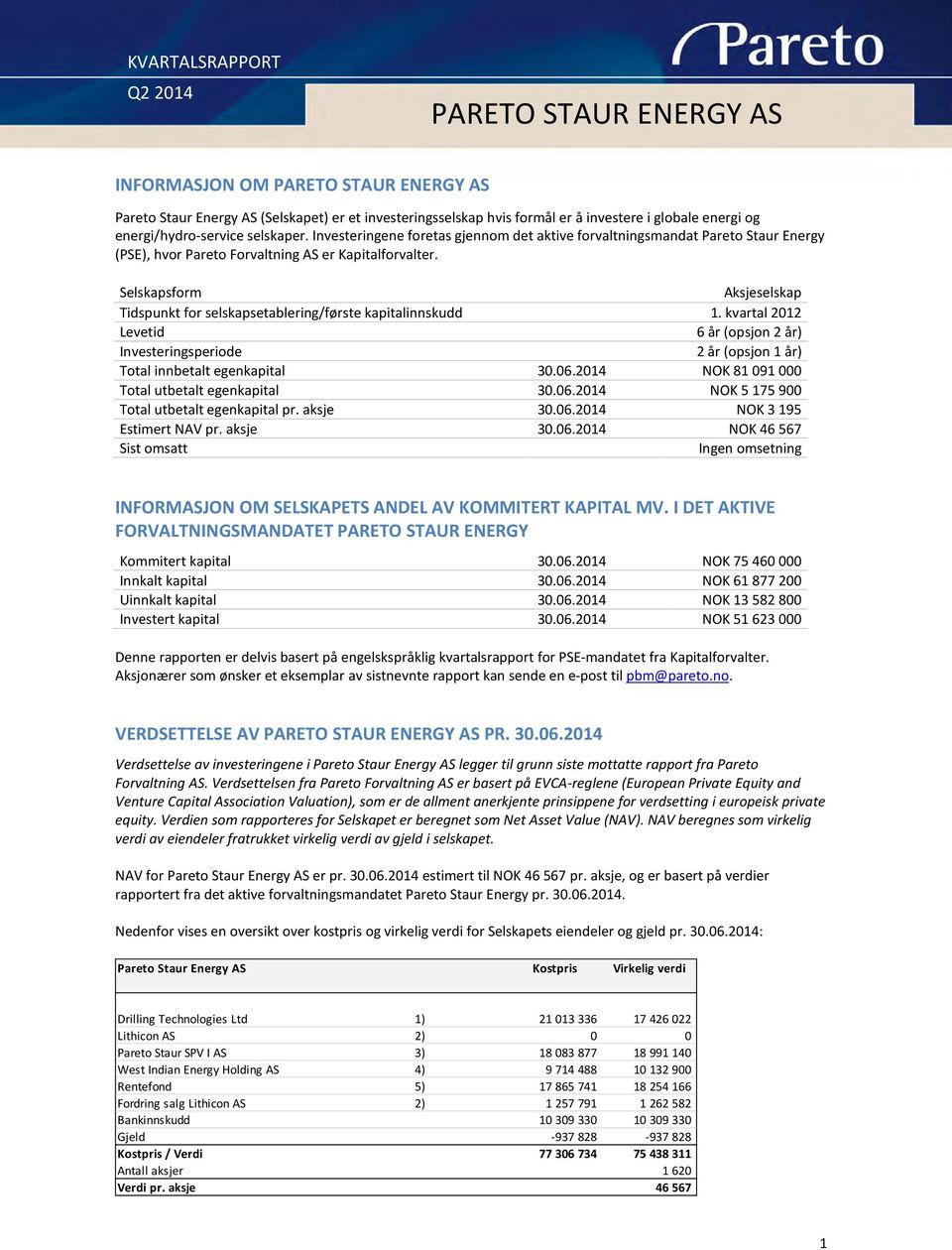 Selskapsform Aksjeselskap Tidspunkt for selskapsetablering/første kapitalinnskudd 1. kvartal 2012 Levetid 6 år (opsjon 2 år) Investeringsperiode 2 år (opsjon 1 år) Total innbetalt egenkapital 30.06.