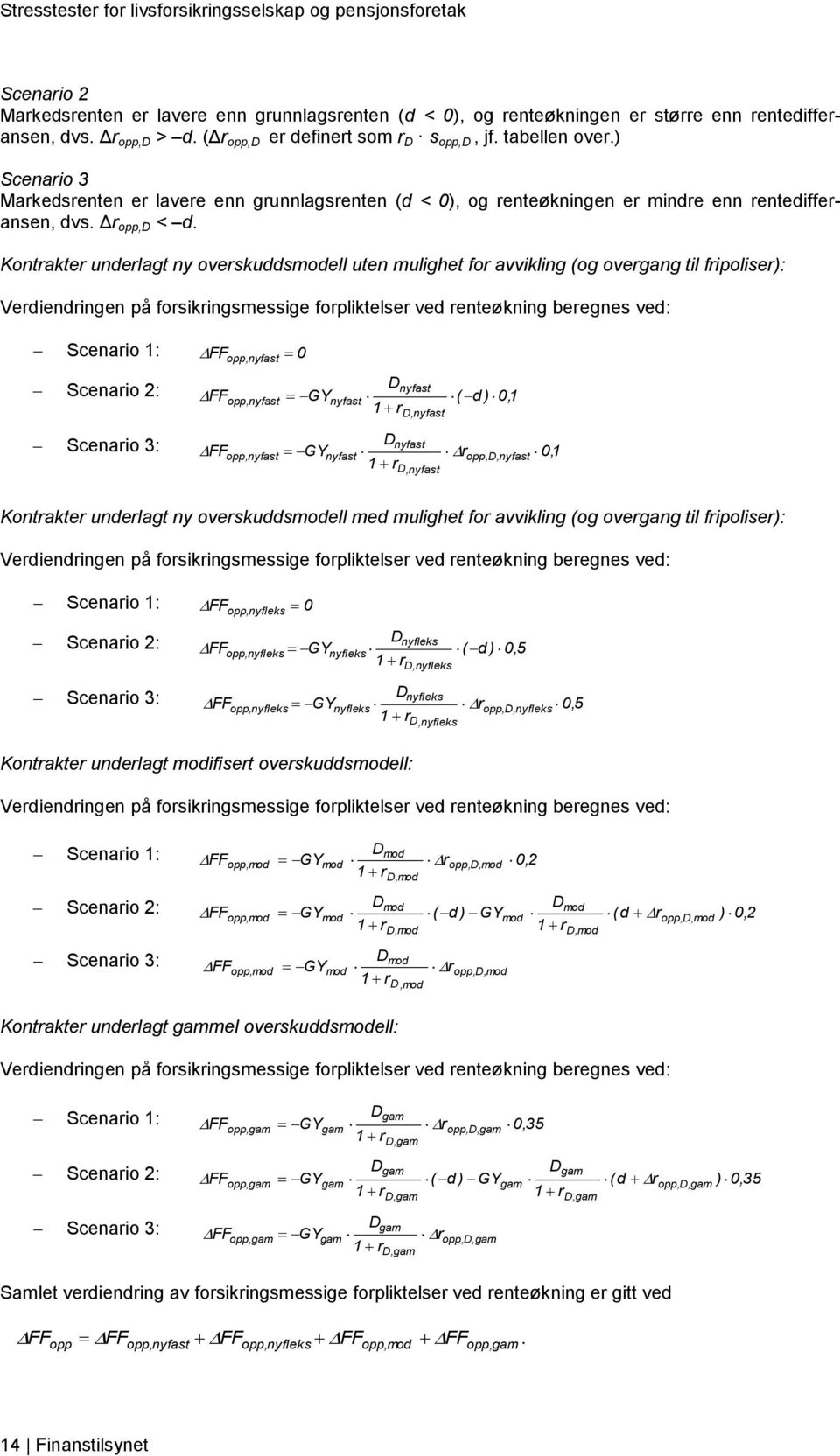 Kontrakter underlagt ny overskuddsmodell uten mulighet for avvikling (og overgang til fripoliser): Verdiendringen på forsikringsmessige forpliktelser ved renteøkning beregnes ved: Scenario 1: FF 0