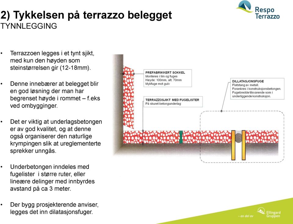 Det er viktig at underlagsbetongen er av god kvalitet, og at denne også organiserer den naturlige krympingen slik at ureglementerte sprekker