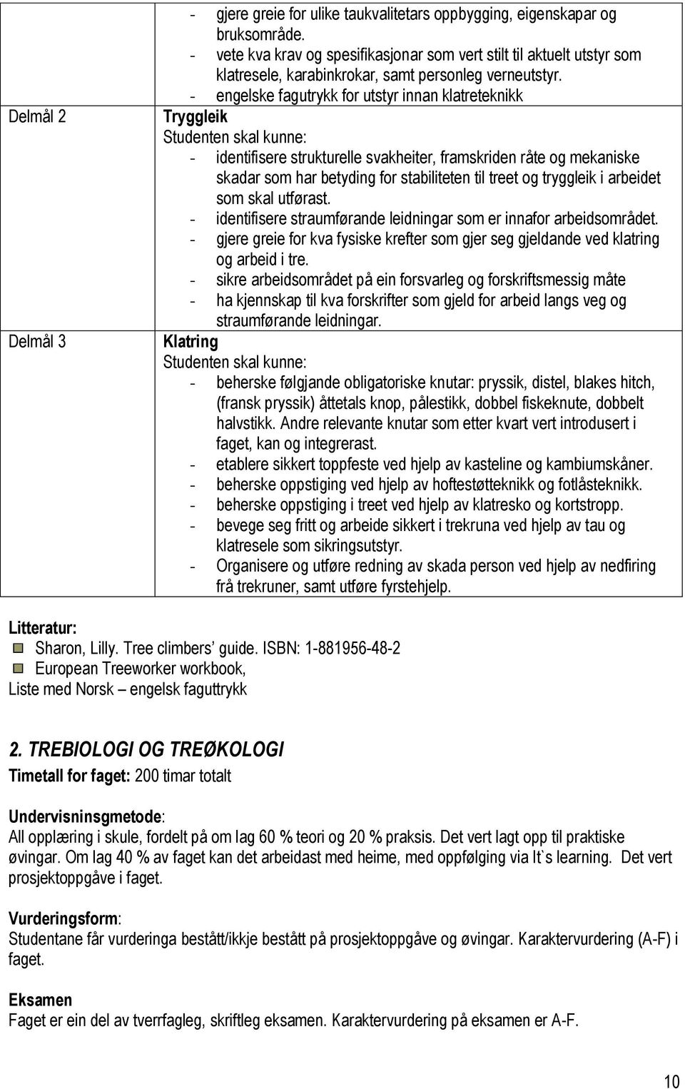 - engelske fagutrykk for utstyr innan klatreteknikk Tryggleik - identifisere strukturelle svakheiter, framskriden råte og mekaniske skadar som har betyding for stabiliteten til treet og tryggleik i