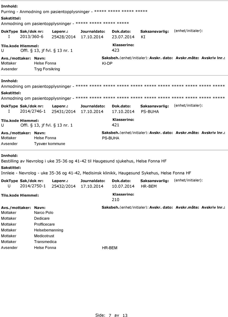 2014/2746-1 25431/2014 S-BHA 421 S-BHA Tysvær kommune Bestilling av Nevrolog i uke 35-36 og 41-42 til Haugesund