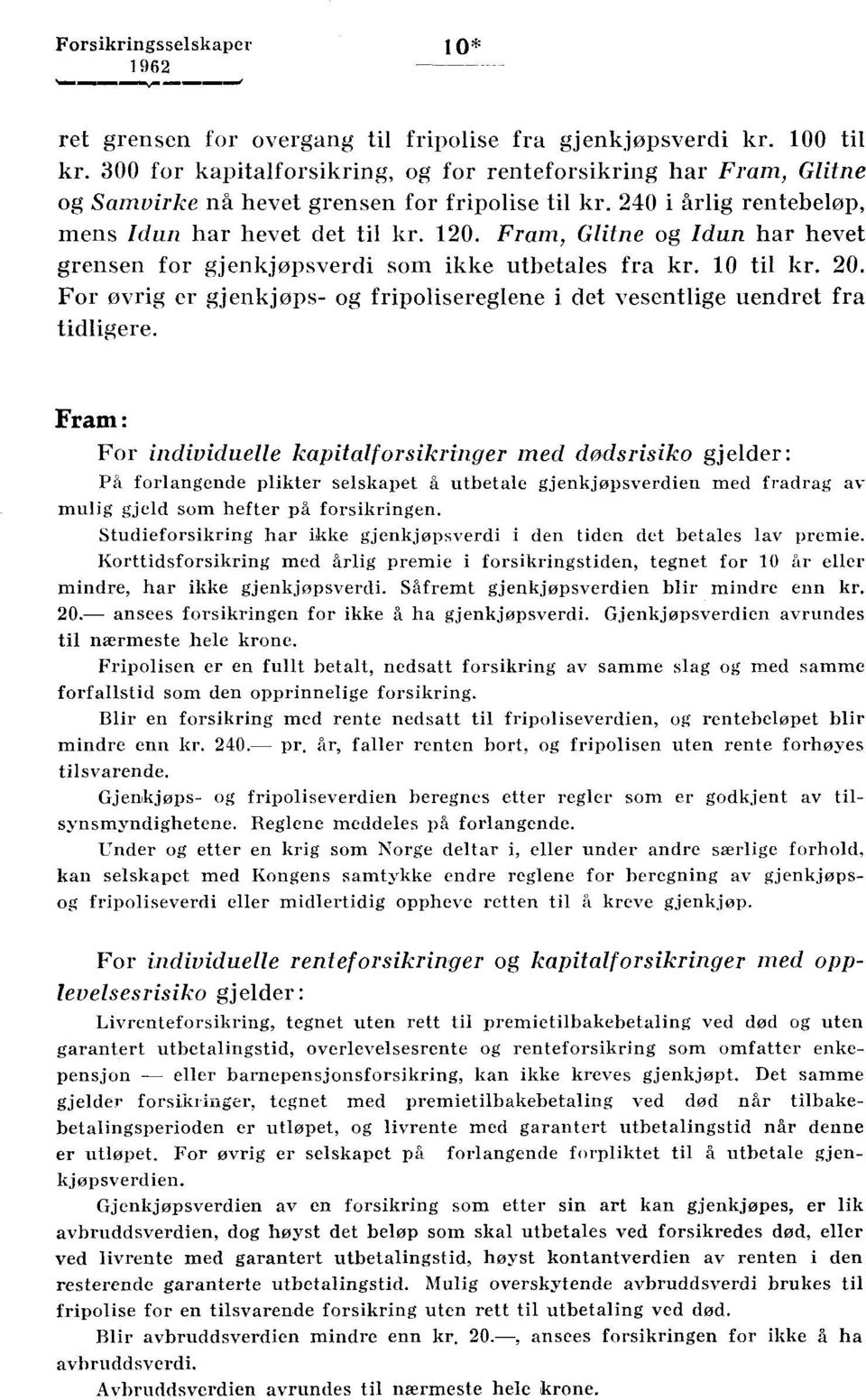 Fram, Glitne og Idun har hevet grensen for gjenkjøpsverdi som ikke utbetales fra kr. 10 til kr. 20. For øvrig er gjenkjøps- og fripolisereglene i det vesentlige uendret fra tidligere.