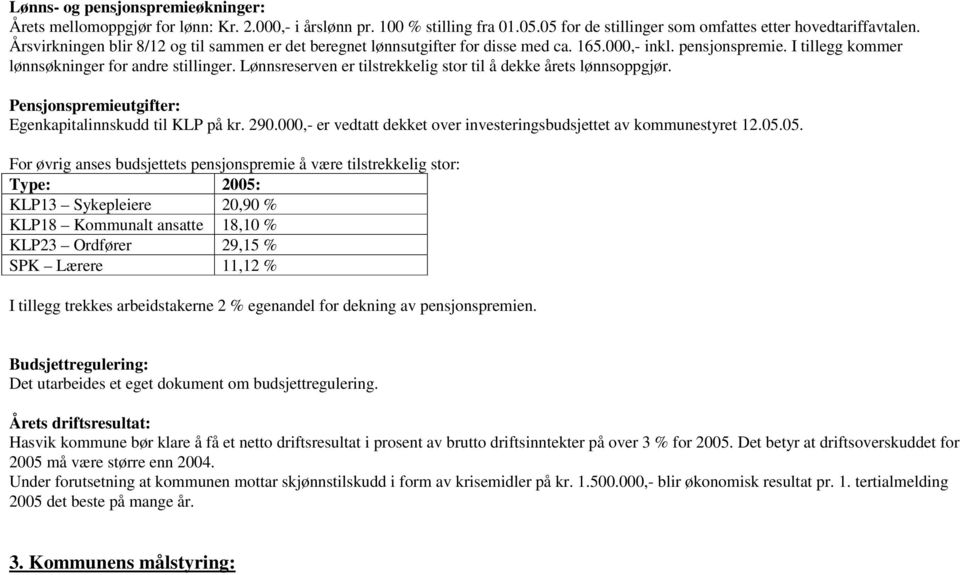 Lønnsreserven er tilstrekkelig stor til å dekke årets lønnsoppgjør. Pensjonspremieutgifter: Egenkapitalinnskudd til KLP på kr. 290.