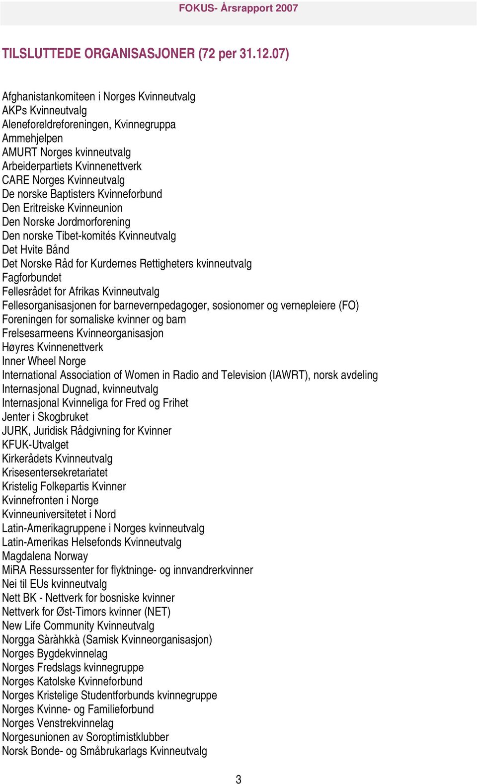 norske Baptisters Kvinneforbund Den Eritreiske Kvinneunion Den Norske Jordmorforening Den norske Tibet-komités Kvinneutvalg Det Hvite Bånd Det Norske Råd for Kurdernes Rettigheters kvinneutvalg
