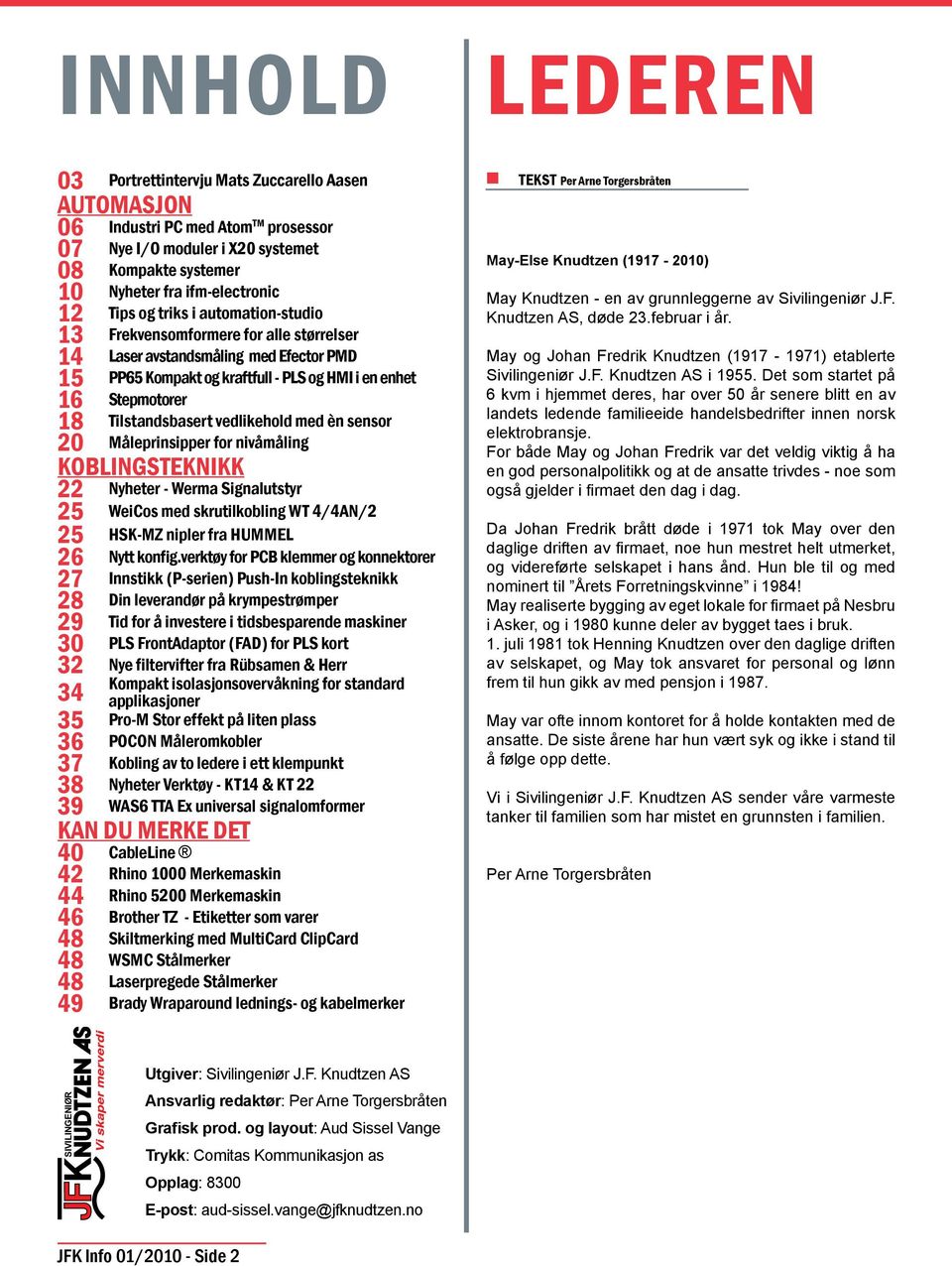 vedlikehold med èn sensor 20 Måleprinsipper for nivåmåling KOBLINGSTEKNIKK 22 Nyheter - Werma Signalutstyr 25 WeiCos med skrutilkobling WT 4/4AN/2 25 HSK-MZ nipler fra HUMMEL 26 Nytt konfig.