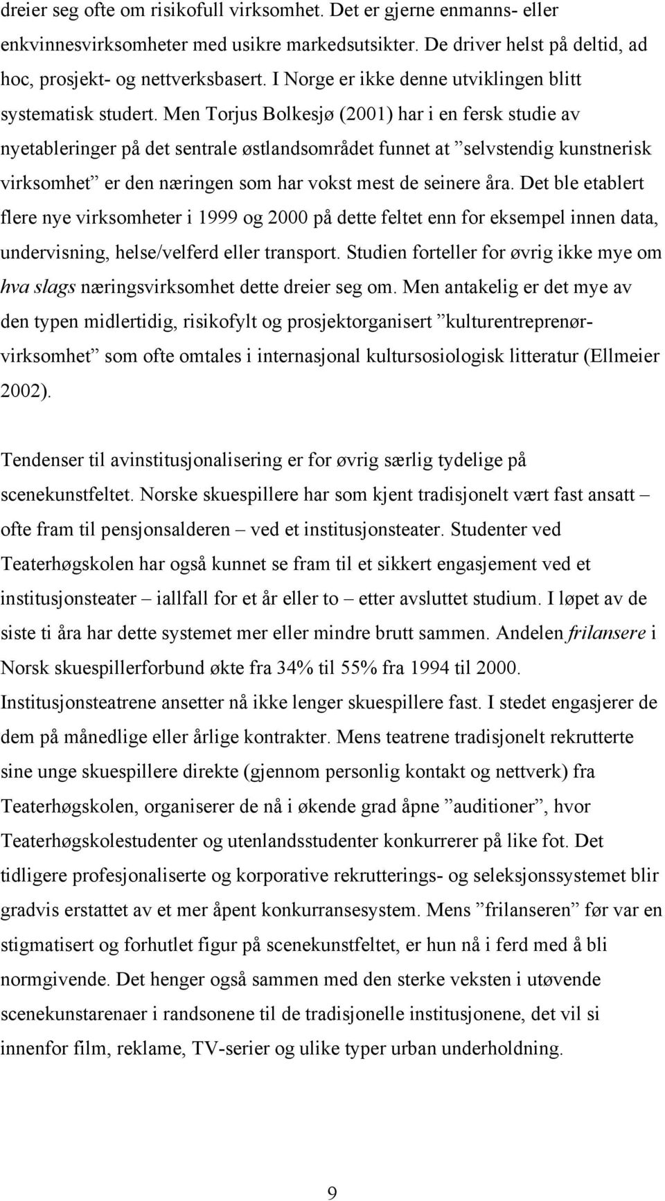Men Torjus Bolkesjø (2001) har i en fersk studie av nyetableringer på det sentrale østlandsområdet funnet at selvstendig kunstnerisk virksomhet er den næringen som har vokst mest de seinere åra.