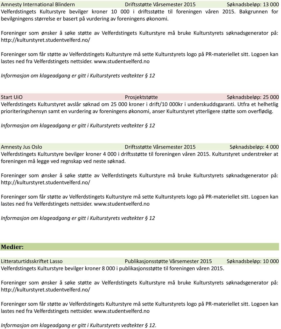 Start UiO Prosjektstøtte Søknadsbeløp: 25 000 Velferdstingets Kulturstyret avslår søknad om 25 000 kroner i drift/10 000kr i underskuddsgaranti.