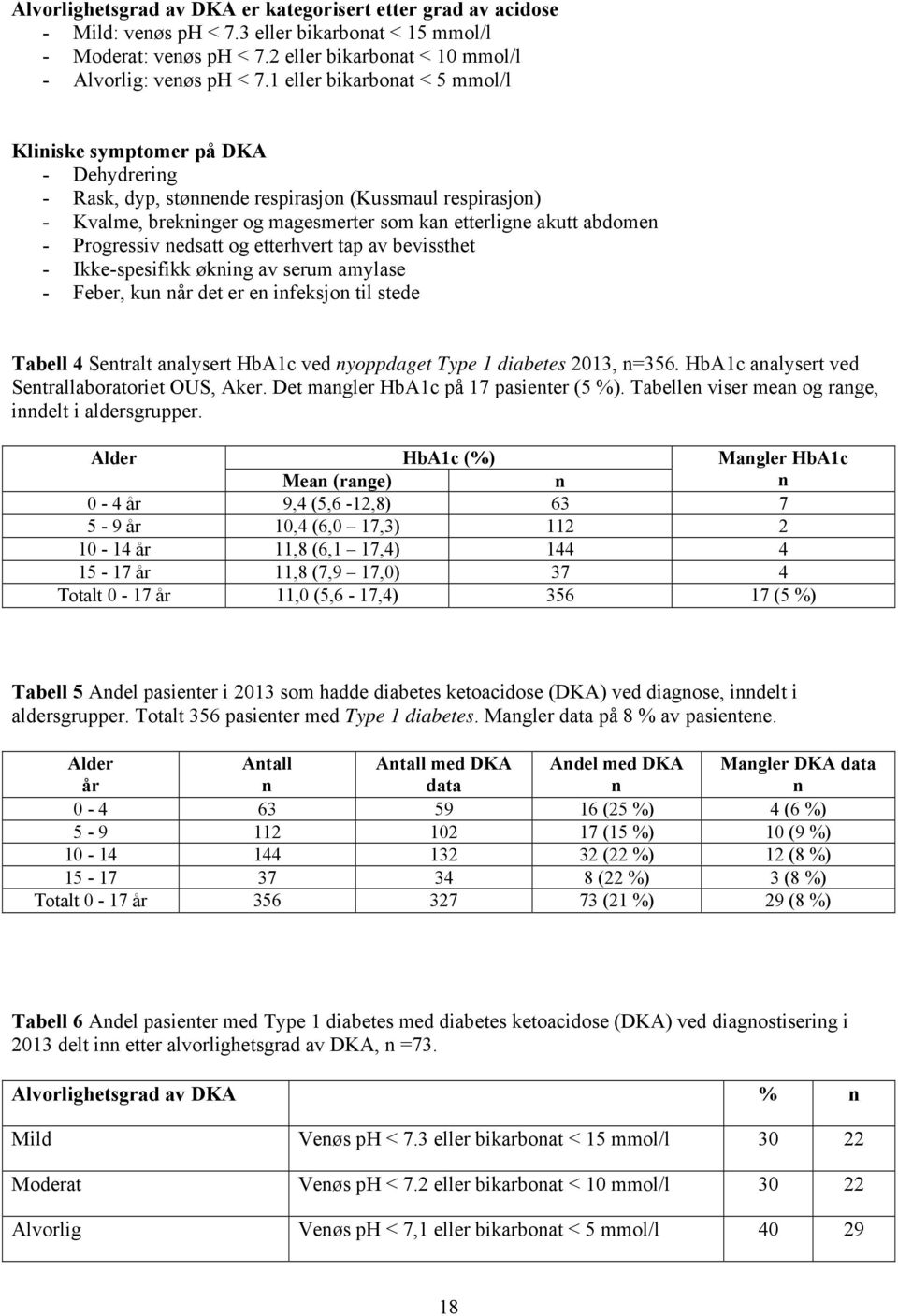 Progressiv nedsatt og etterhvert tap av bevissthet - Ikke-spesifikk økning av serum amylase - Feber, kun når det er en infeksjon til stede Tabell 4 Sentralt analysert HbA1c ved nyoppdaget Type 1