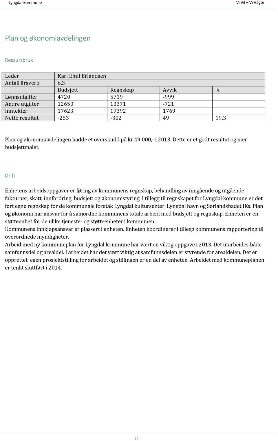 Enhetens arbeidsoppgaver er føring av kommunens regnskap, behandling av inngående og utgående fakturaer, skatt, innfordring, budsjett og økonomistyring.