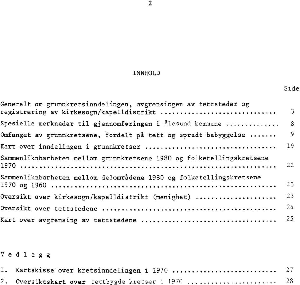 ... 22 Sammenliknbarheten mellom delområdene 1980 og folketellingskretsene 1970 og 1960 OOOOO... Oversikt over kirkesogn/kapelldistrikt (menighet).. Oversikt over tettstedene.