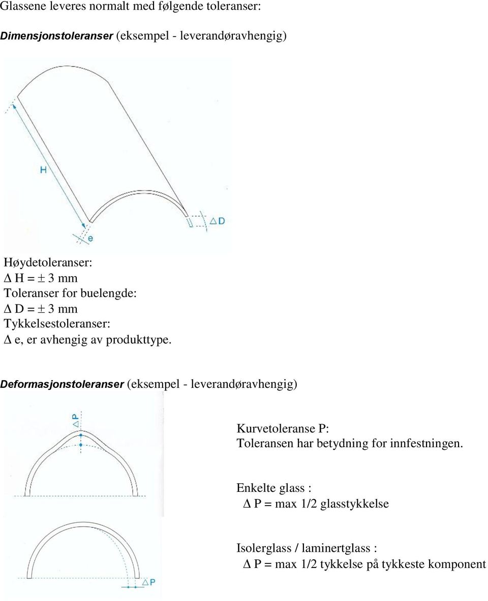 Deformasjonstoleranser (eksempel - leverandøravhengig) Kurvetoleranse P: Toleransen har betydning for