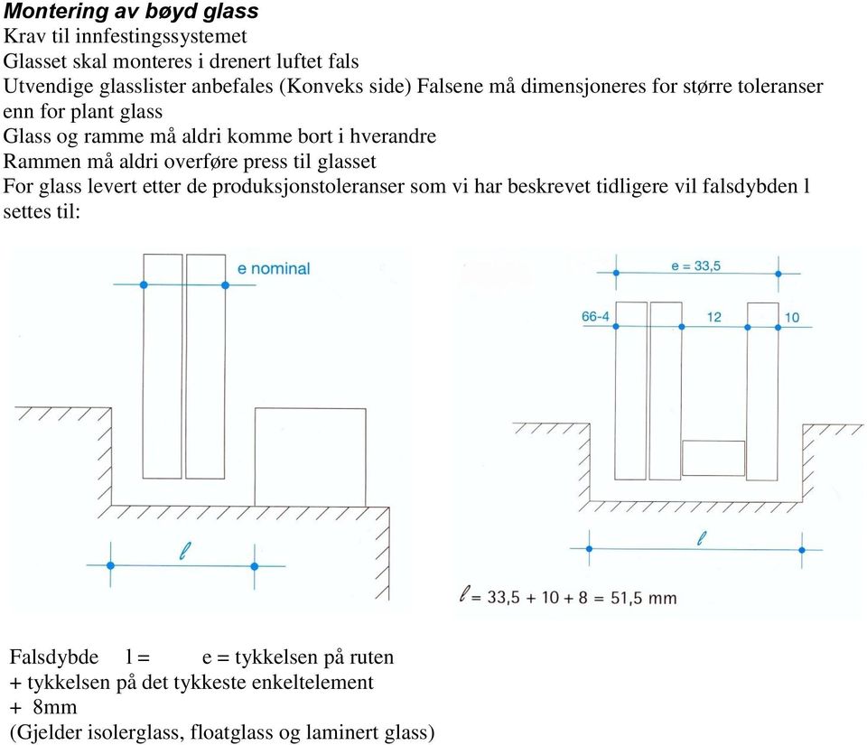 må aldri overføre press til glasset For glass levert etter de produksjonstoleranser som vi har beskrevet tidligere vil falsdybden l