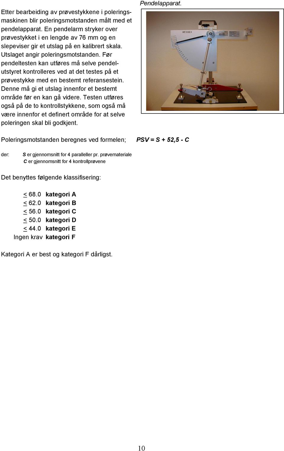 Før pendeltesten kan utføres må selve pendelutstyret kontrolleres ved at det testes på et prøvestykke med en bestemt referansestein.