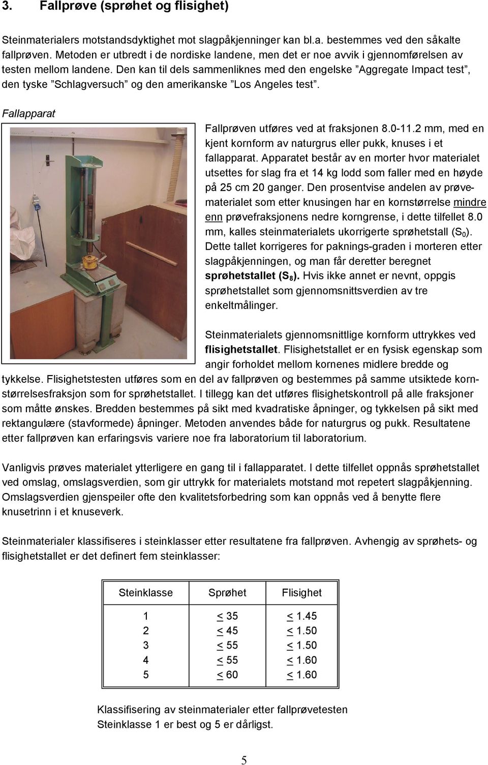 Den kan til dels sammenliknes med den engelske Aggregate Impact test, den tyske Schlagversuch og den amerikanske Los Angeles test. Fallapparat Fallprøven utføres ved at fraksjonen 8.0-11.