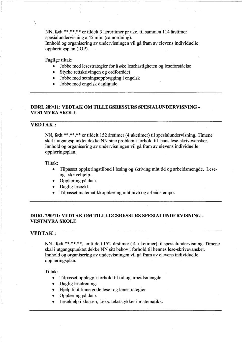 **.** er tildelt 152 årstimer (4 uketimer) til spesialundervisning. Timene skal i utgangspuntet dekke NN sine problem i forhold til hans lese-skrivevansker.