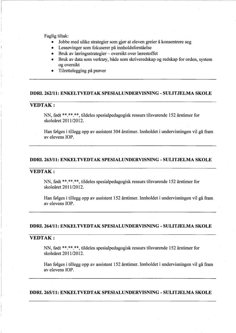 **. **, tildeles spesialpedagogisk ressurs tilsvarende 152 årstimer for skoleåret 201112012. Han følges i tilegg opp av assistent 304 årstimer. Innoldet i undervisningen vil gå fram DDRI.