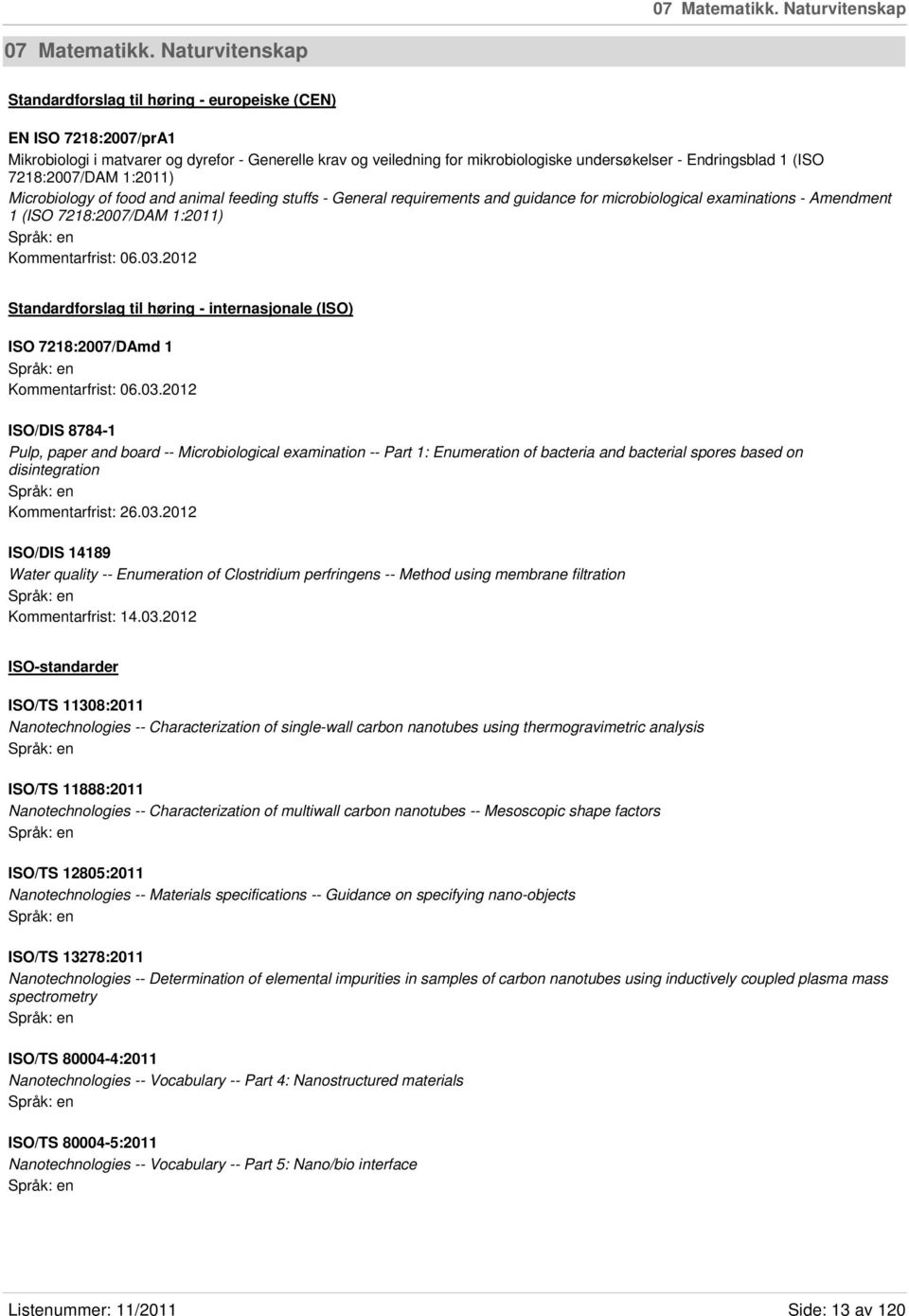 (ISO 7218:2007/DAM 1:2011) Microbiology of food and animal feeding stuffs - General requirements and guidance for microbiological examinations - Amendment 1 (ISO 7218:2007/DAM 1:2011) Kommentarfrist: