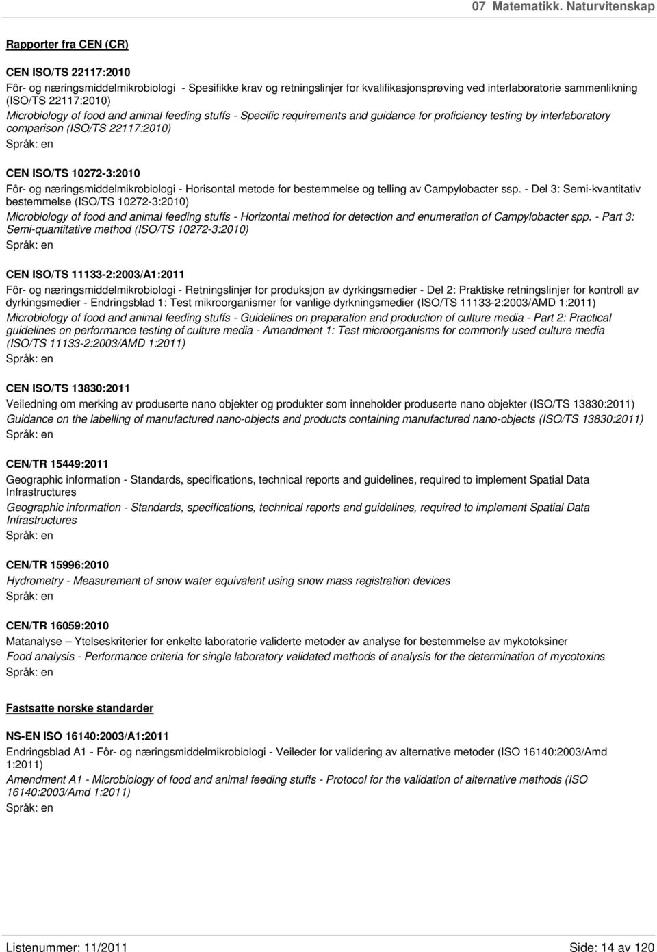 22117:2010) Microbiology of food and animal feeding stuffs - Specific requirements and guidance for proficiency testing by interlaboratory comparison (ISO/TS 22117:2010) CEN ISO/TS 10272-3:2010 Fôr-