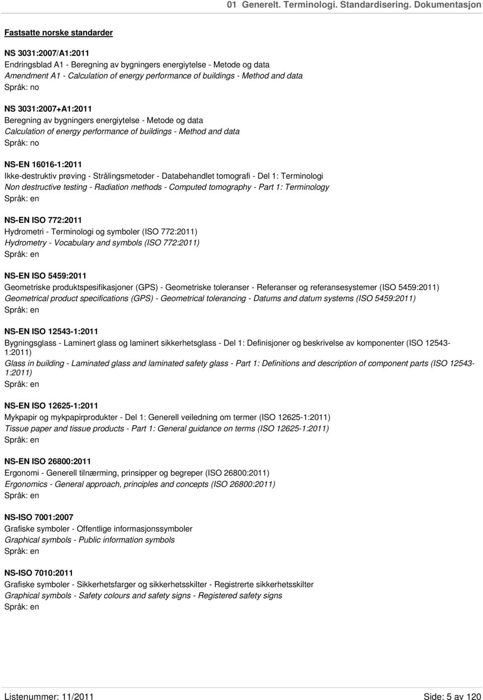 Method and data Språk: no NS 3031:2007+A1:2011 Beregning av bygningers energiytelse - Metode og data Calculation of energy performance of buildings - Method and data Språk: no NS-EN 16016-1:2011