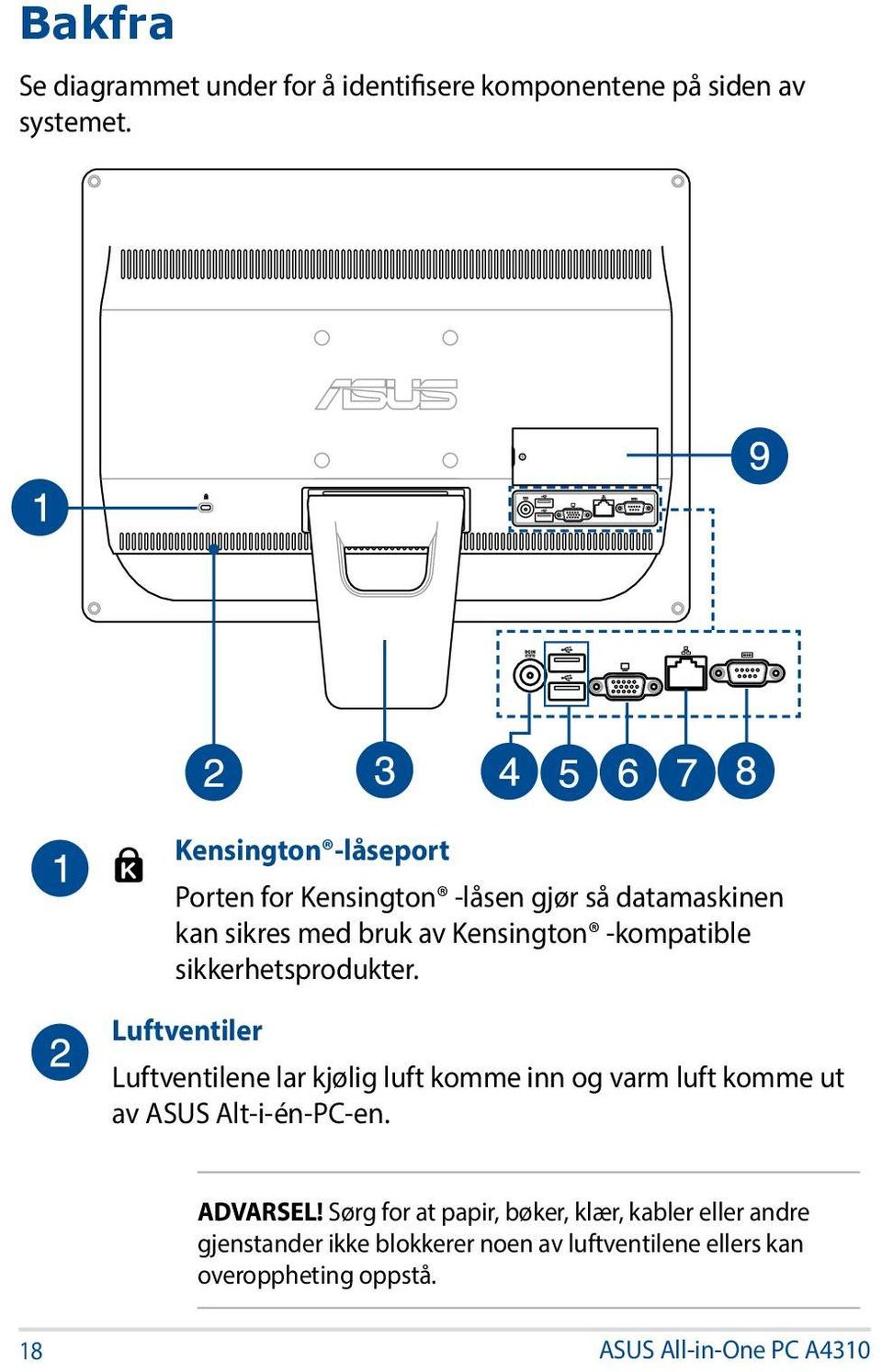 sikkerhetsprodukter. Luftventiler Luftventilene lar kjølig luft komme inn og varm luft komme ut av ASUS Alt-i-én-PC-en.