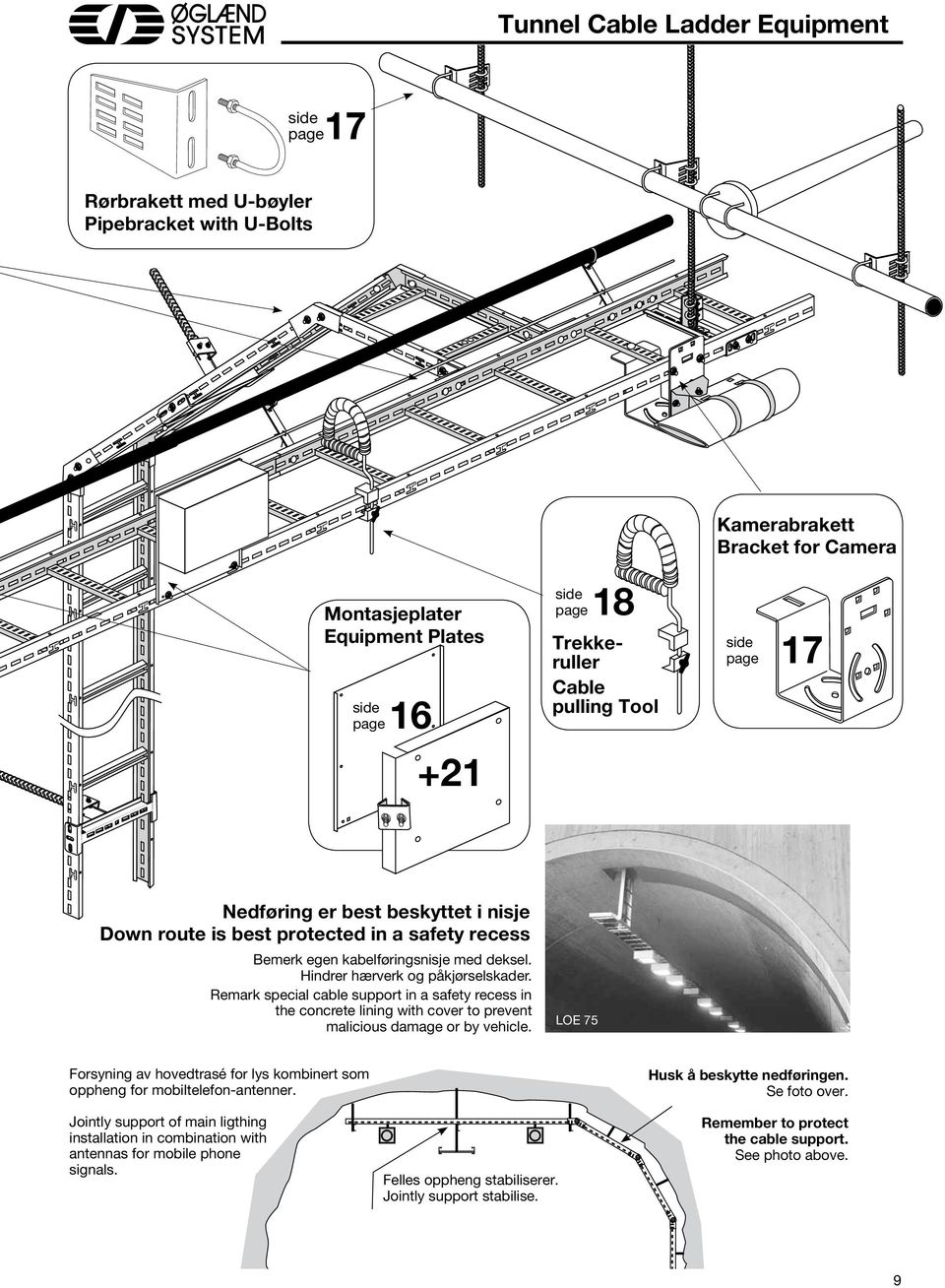 Remark special cable support in a safety recess in the concrete lining with cover to prevent malicious damage or by vehicle.