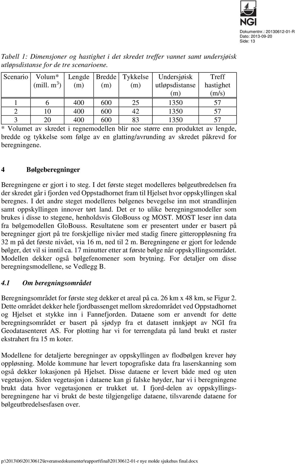 regnemodellen blir noe større enn produktet av lengde, bredde og tykkelse som følge av en glatting/avrunding av skredet påkrevd for beregningene. 4 Bølgeberegninger Beregningene er gjort i to steg.