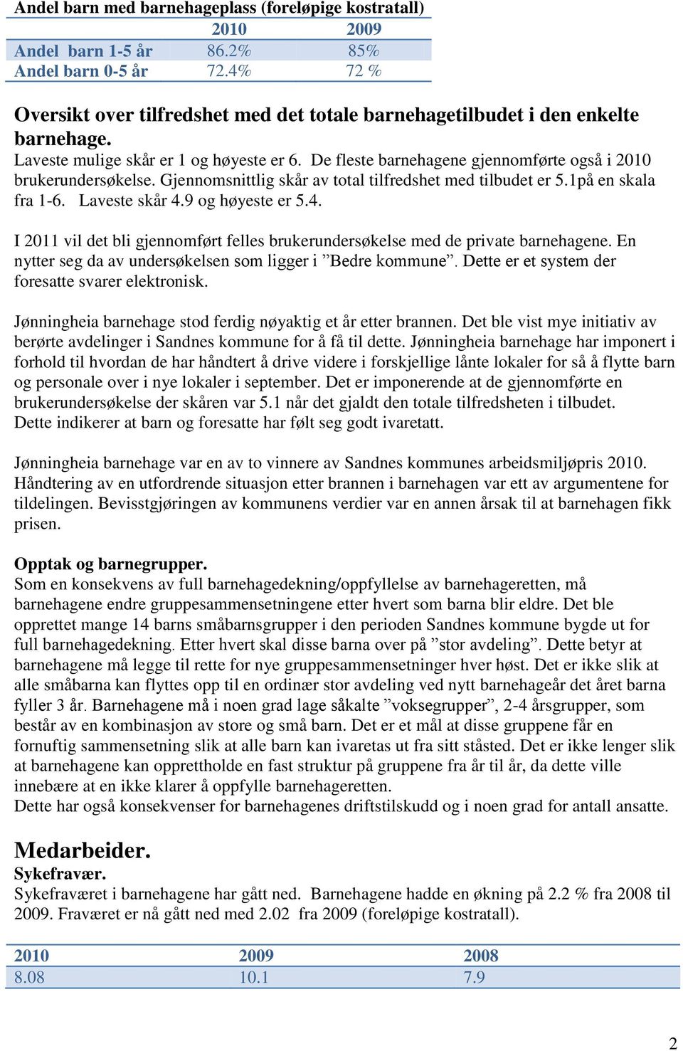 Gjennomsnittlig skår av total tilfredshet med tilbudet er 5.1på en skala fra 1-6. Laveste skår 4.9 og høyeste er 5.4. I 2011 vil det bli gjennomført felles brukerundersøkelse med de private barnehagene.