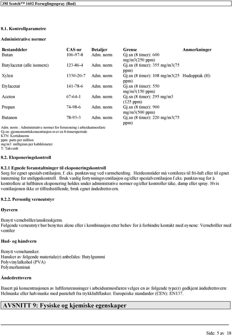 norm Gj.sn (8 timer): 295 mg/m3 (125 ppm) Propan 74-98-6 Adm. norm Gj.sn (8 timer): 900 mg/m3(500 ppm) Butanon 78-93-3 Adm. norm Gj.sn (8 timer): 220 mg/m3(75 ppm) Adm.