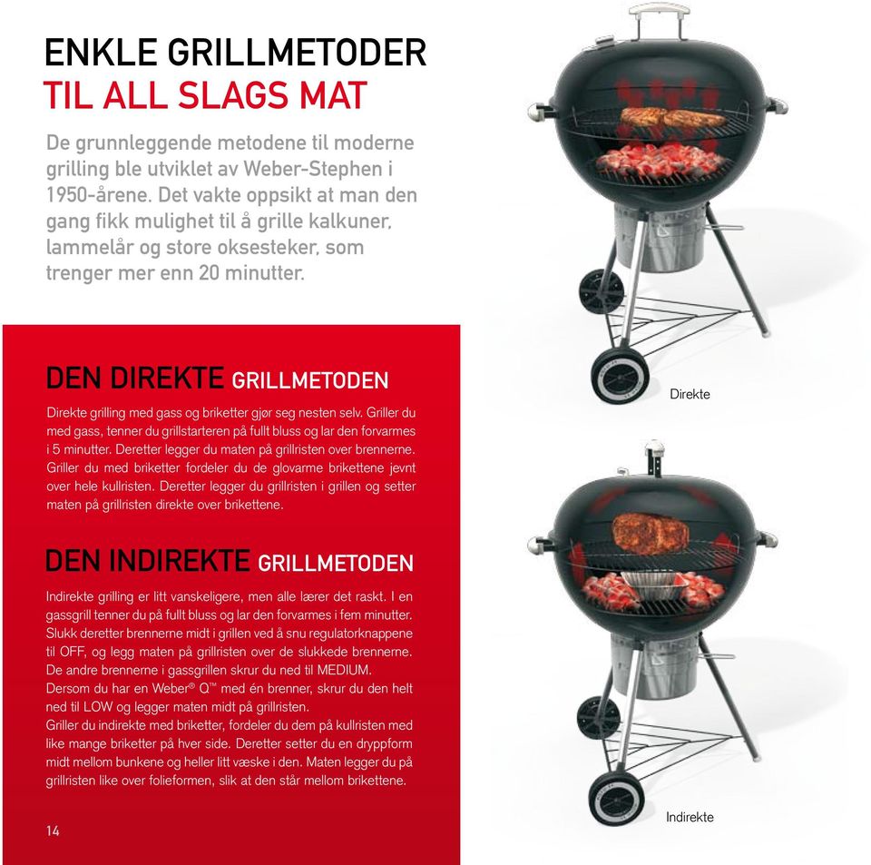 Den direkte grillmetoden Direkte grilling med gass og briketter gjør seg nesten selv. Griller du med gass, tenner du grillstarteren på fullt bluss og lar den forvarmes i 5 minutter.