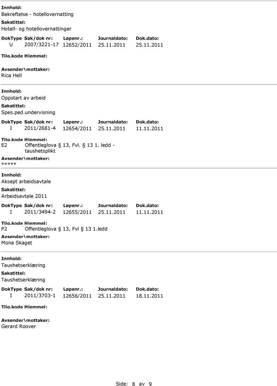 ledd - taushetsplikt ***** Aksept arbeidsavtale Arbeidsavtale 2011 2011/3494-2 12655/2011 11.11.2011 P2 Offentleglova 13, Fvl 13 1.