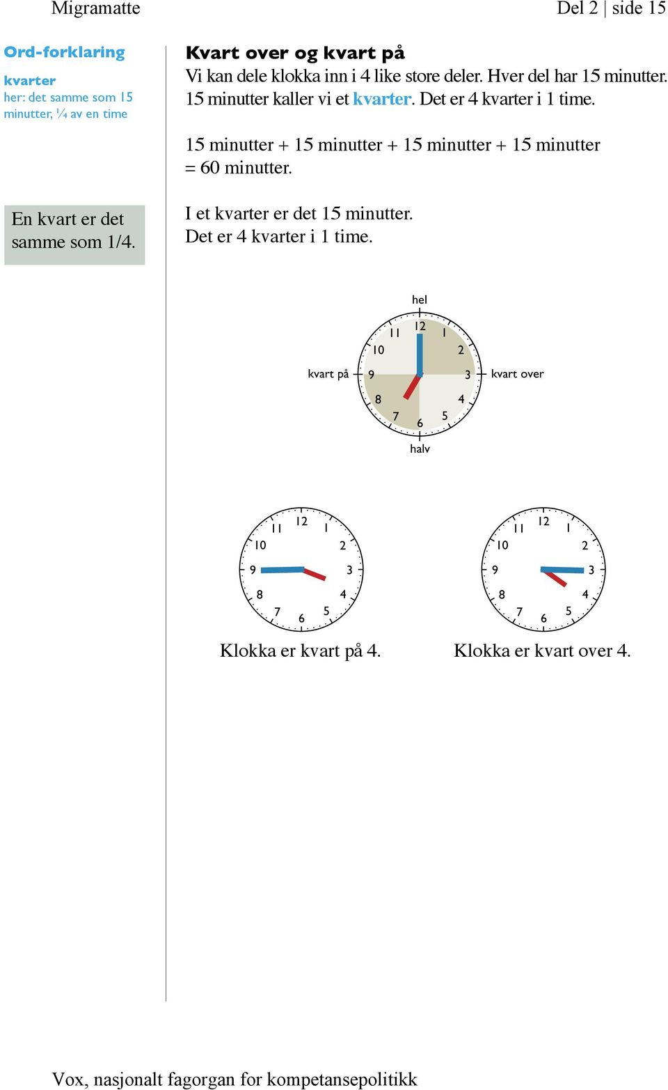 15 minutter kaller vi et kvarter. Det er 4 kvarter i 1 time.