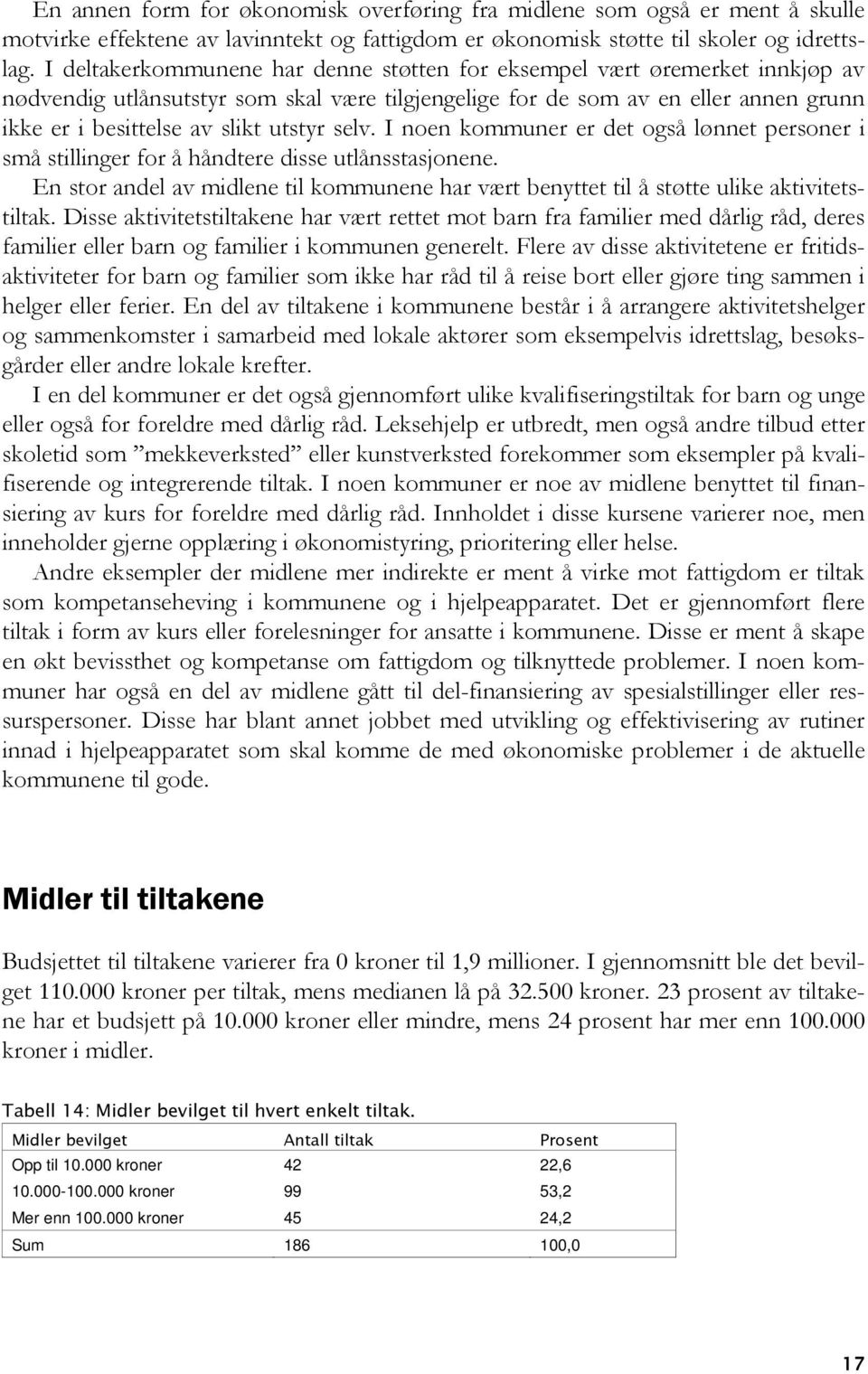 selv. I noen kommuner er det også lønnet personer i små stillinger for å håndtere disse utlånsstasjonene. En stor andel av midlene til kommunene har vært benyttet til å støtte ulike aktivitetstiltak.