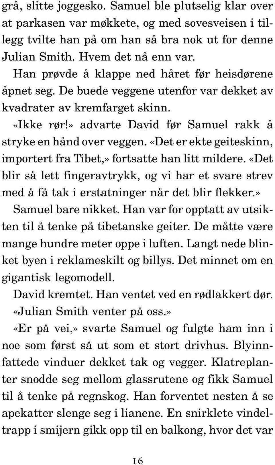 «Det er ekte geiteskinn, importert fra Tibet,» fortsatte han litt mildere. «Det blir så lett fingeravtrykk, og vi har et svare strev med å få tak i erstatninger når det blir flekker.