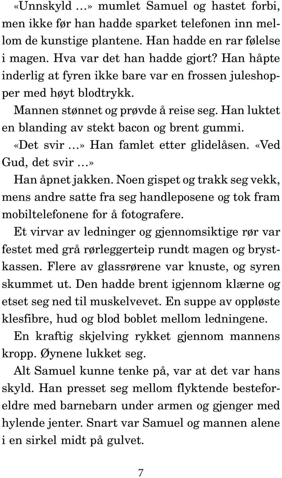 «Det svir» Han famlet etter glidelåsen. «Ved Gud, det svir» Han åpnet jakken. Noen gispet og trakk seg vekk, mens andre satte fra seg handleposene og tok fram mobiltelefonene for å fotografere.