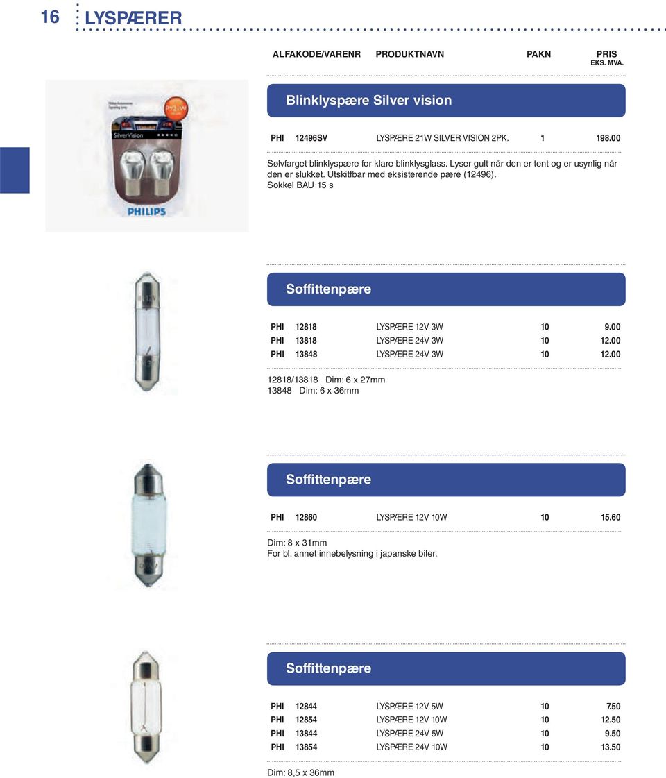 00 PHI 13818 LYSPÆRE 24V 3W 10 12.00 PHI 13848 LYSPÆRE 24V 3W 10 12.00 12818/13818 Dim: 6 x 27mm 13848 Dim: 6 x 36mm Soffittenpære PHI 12860 LYSPÆRE 12V 10W 10 15.