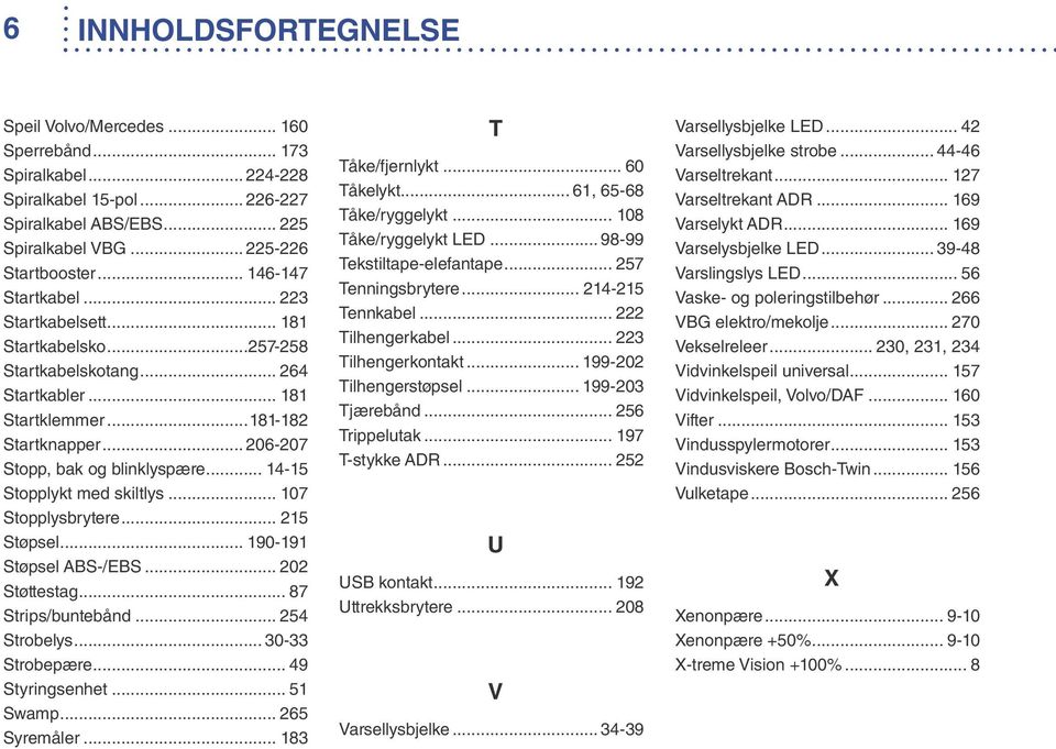 .. 14-15 Stopplykt med skiltlys... 107 Stopplysbrytere... 215 Støpsel... 190-191 Støpsel ABS-/EBS... 202 Støttestag... 87 Strips/buntebånd... 254 Strobelys... 30-33 Strobepære... 49 Styringsenhet.