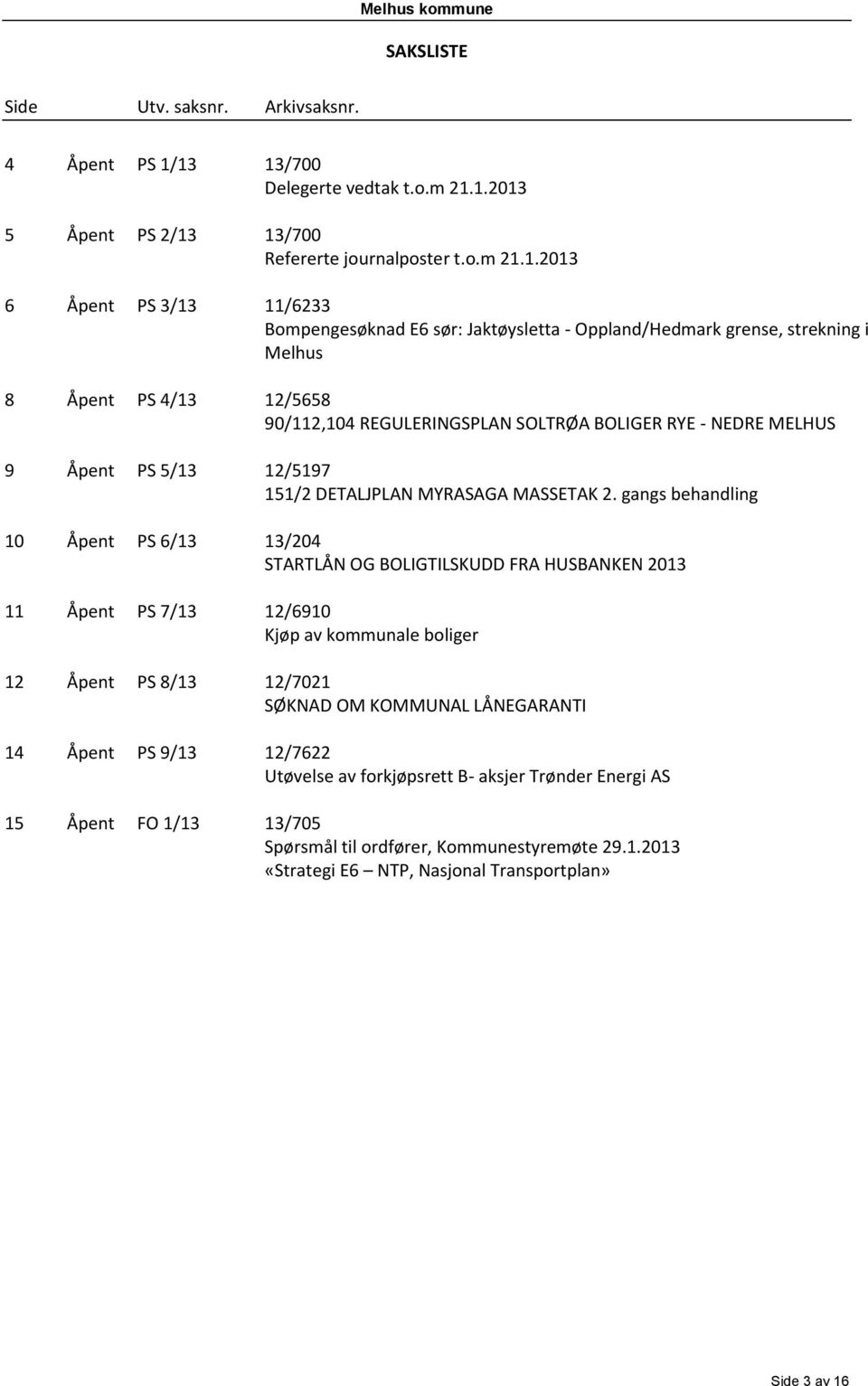 strekning i Melhus 8 Åpent PS 4/13 12/5658 90/112,104 REGULERINGSPLAN SOLTRØA BOLIGER RYE - NEDRE MELHUS 9 Åpent PS 5/13 12/5197 151/2 DETALJPLAN MYRASAGA MASSETAK 2.