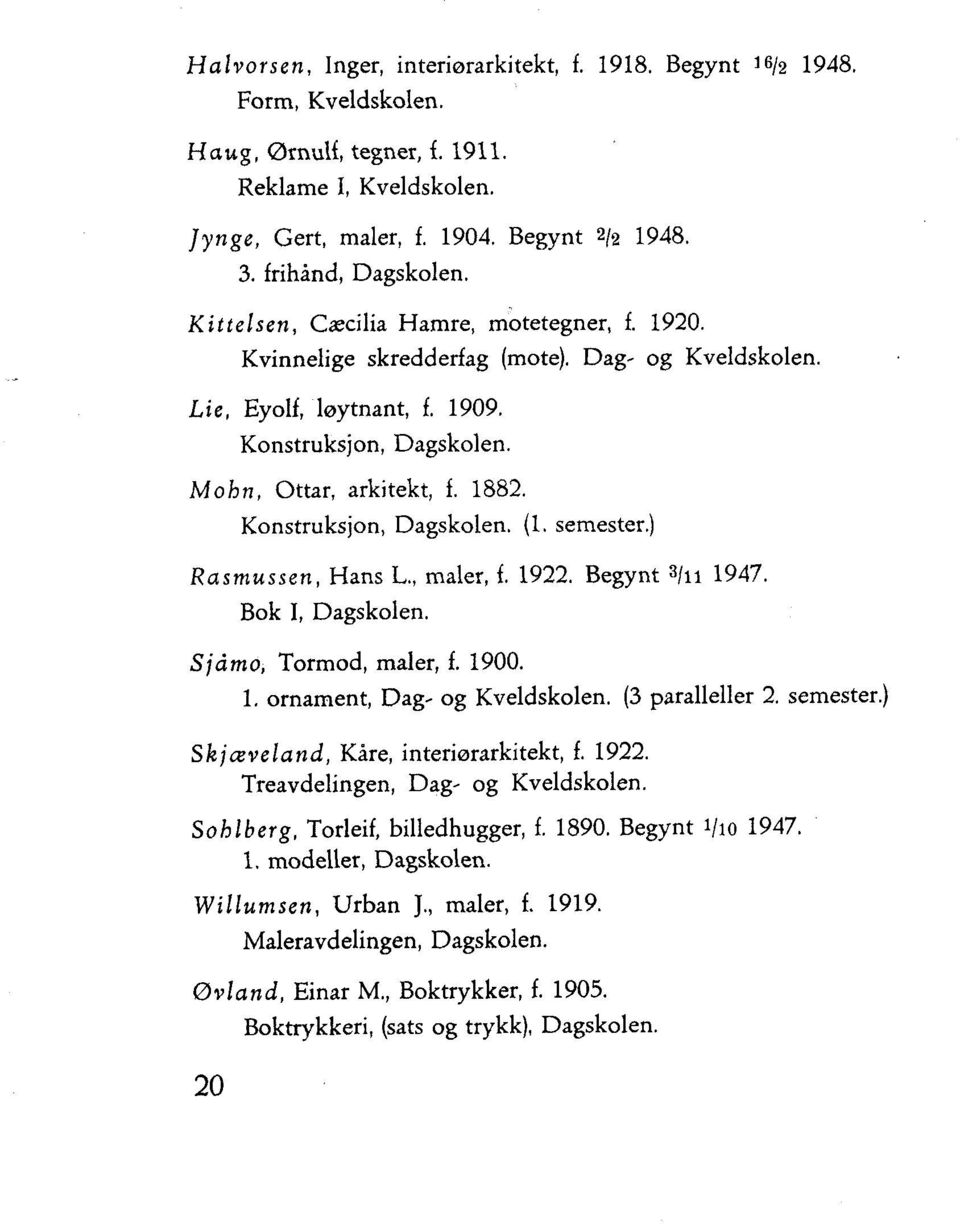 1882. Konstruksjon, Dagskolen. (1. semester.) Rasmussen, Hans L., maler, f. 1922. Begynt 31111947. Bok I, Dagskolen. Sidmo, Tormod, maler, f. 1900. 1. ornament, Dag- og Kveldskolen. (3 paralleller 2.