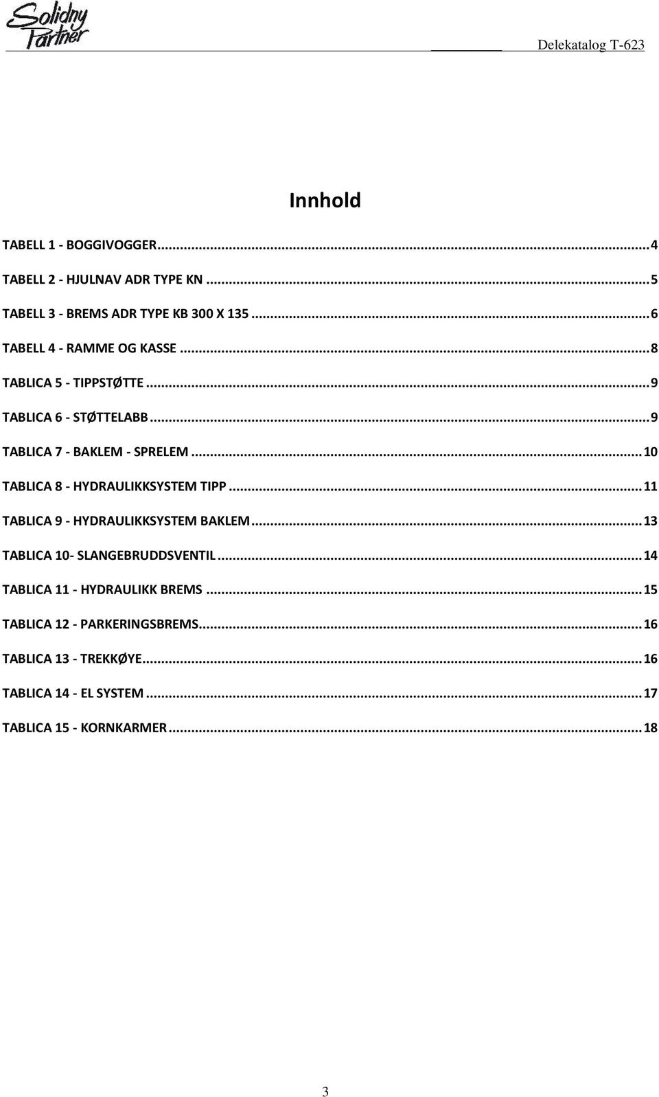 ..0 TABLICA 8 - HYDRAULIKKSYSTEM TIPP... TABLICA 9 - HYDRAULIKKSYSTEM BAKLEM...3 TABLICA 0- SLANGEBRUDDSVENTIL.