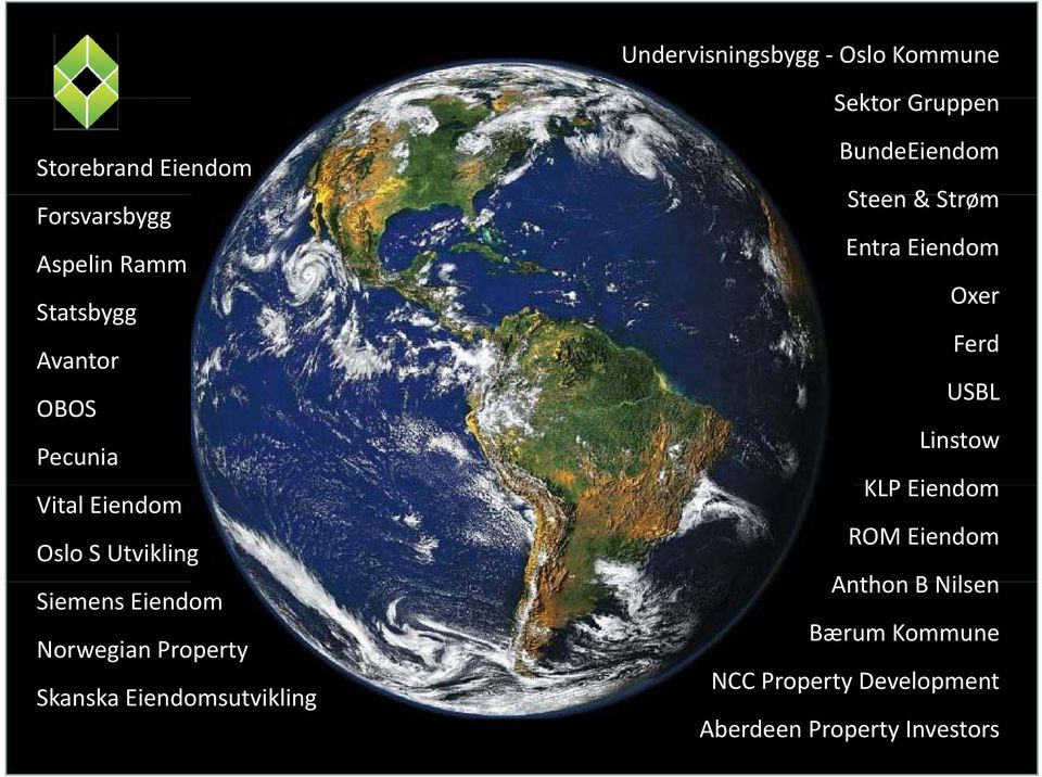 Skanska Eiendomsutvikling BundeEiendom Steen & Strøm Entra Eiendom Oer Oxer Ferd USBL Linstow KLP