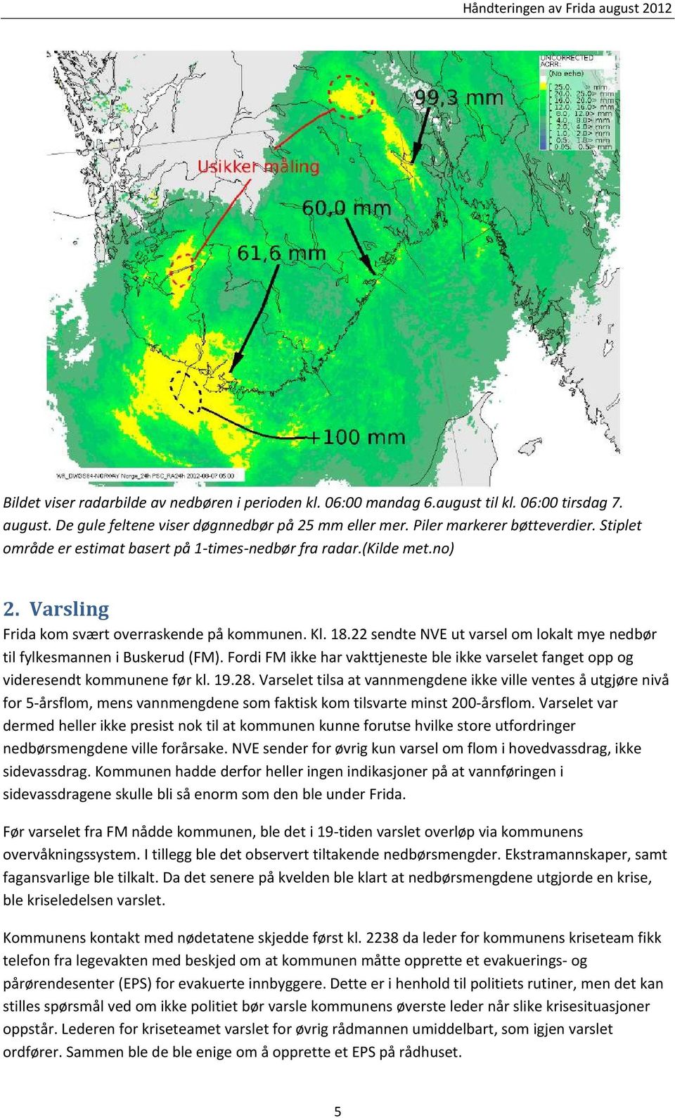 22 sendte NVE ut varsel om lokalt mye nedbør til fylkesmannen i Buskerud (FM). Fordi FM ikke har vakttjeneste ble ikke varselet fanget opp og videresendt kommunene før kl. 19.28.